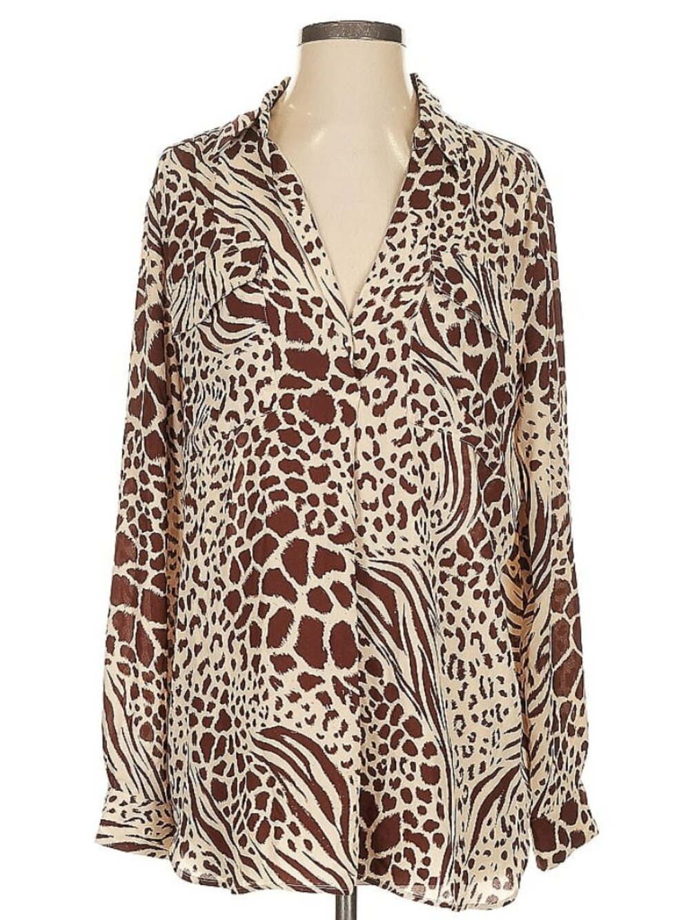 ANN TAYLOR Brown Animal Print Long Sleeve Career Blouse Size L